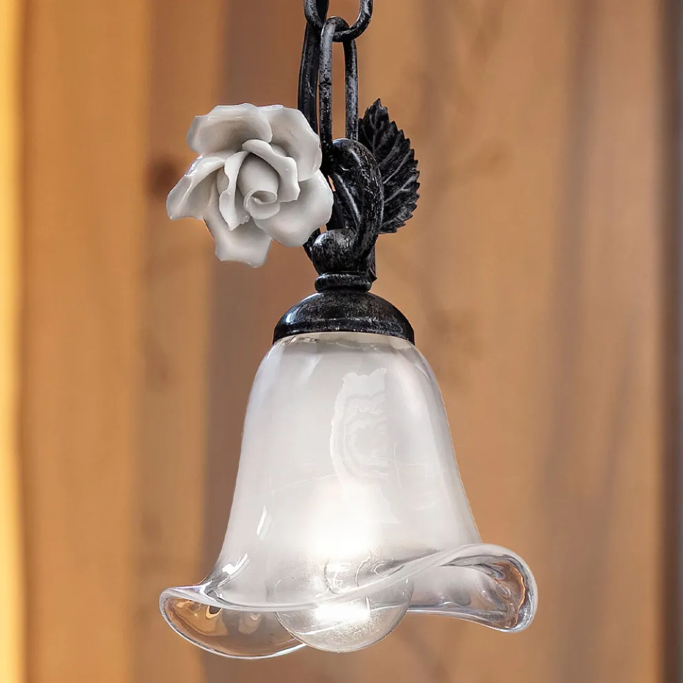Hängelampe aus Eisen und Glas mit Rose aus Keramik - Siena