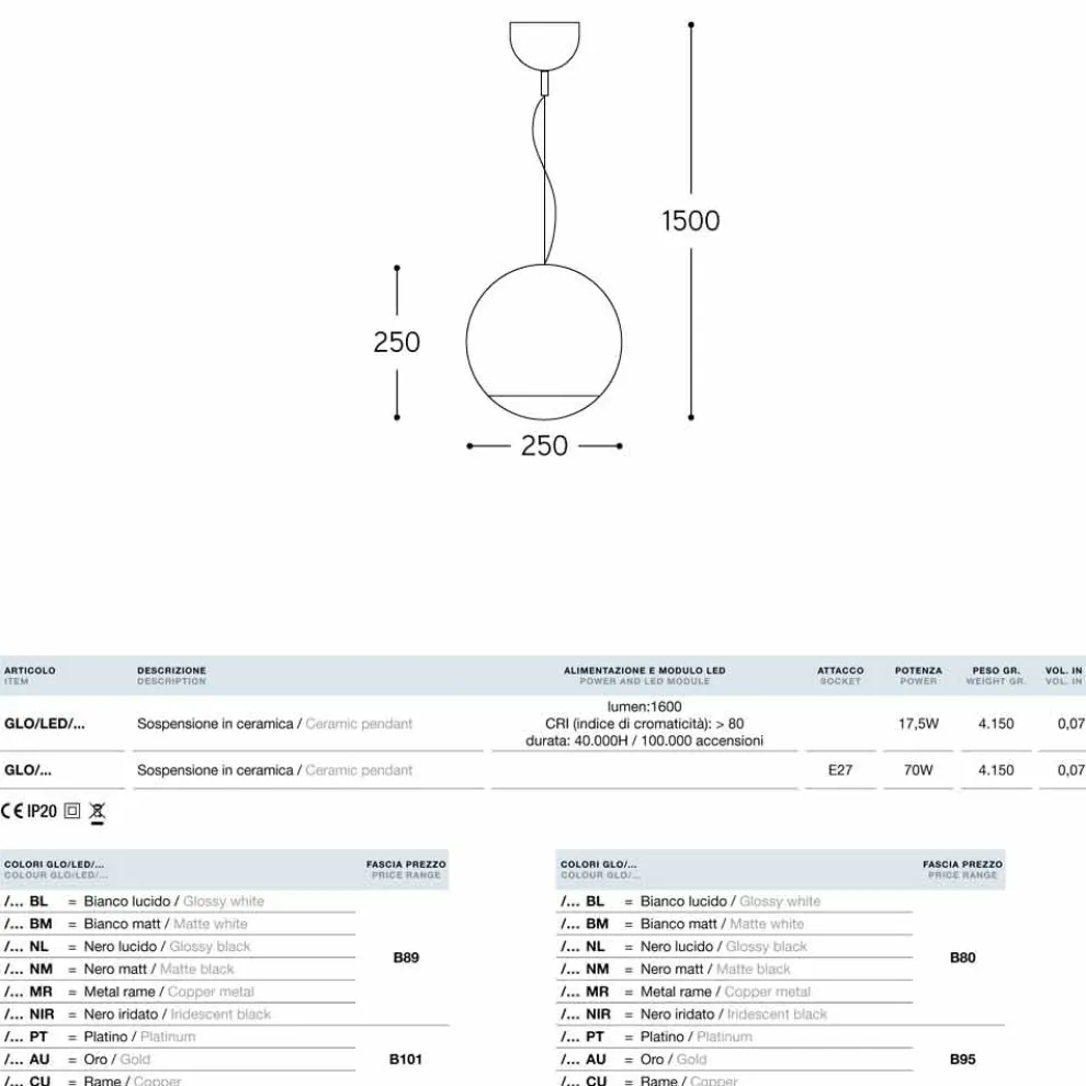 Hängelampe aus Keramik Globo von Aldo Bernardi