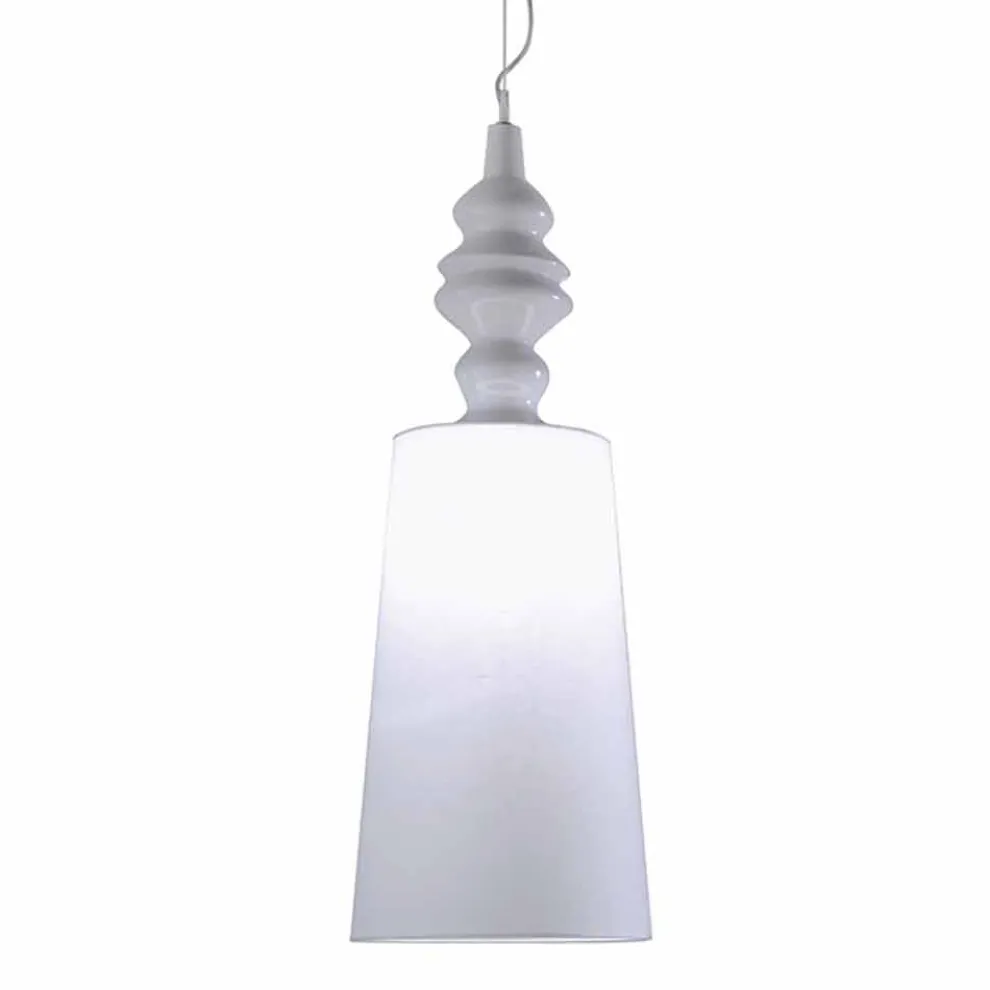 Hängelampe in Weiß Keramik Lampenschirm in Leinen Long Design - Cadabra