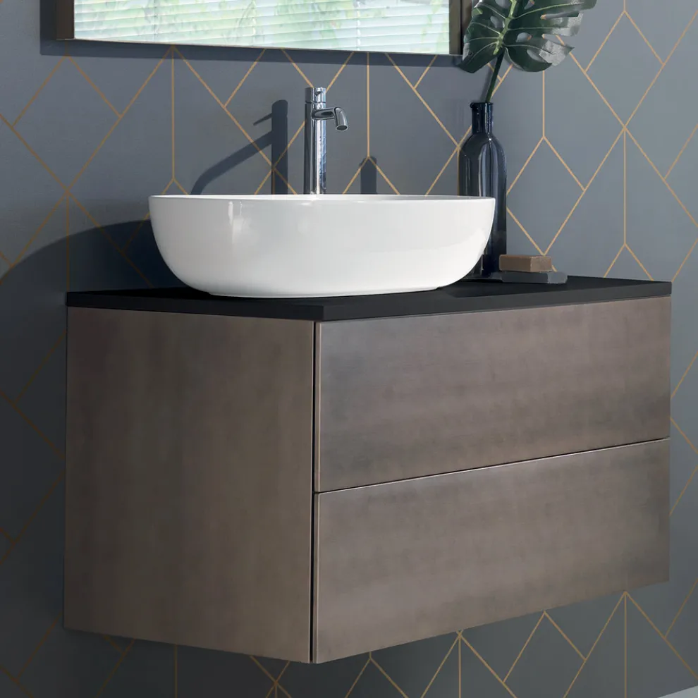 Hängende Badezimmermöbel aus Holz, Metall und Keramik B96 cm, Edel - Renga