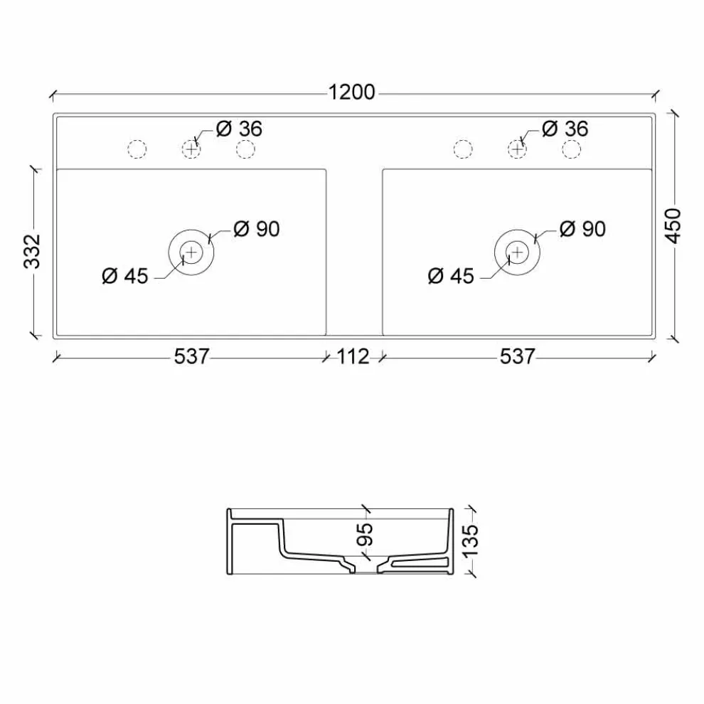 Hängewaschbecken aus Keramik in modernem Design Sun 120x45 cm, hergestellt in Italien