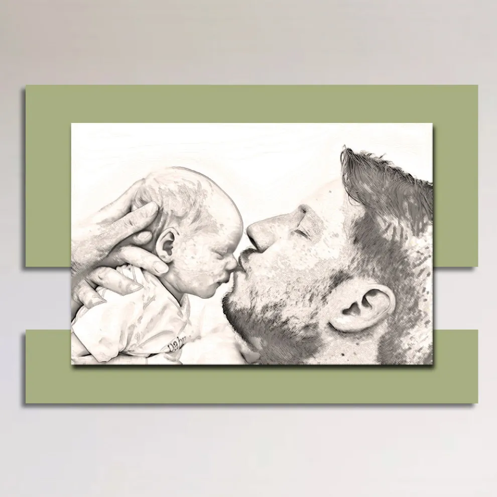 Holzbild mit Aufdruck eines Mannes mit Kind, hergestellt in Italien – Kosovo