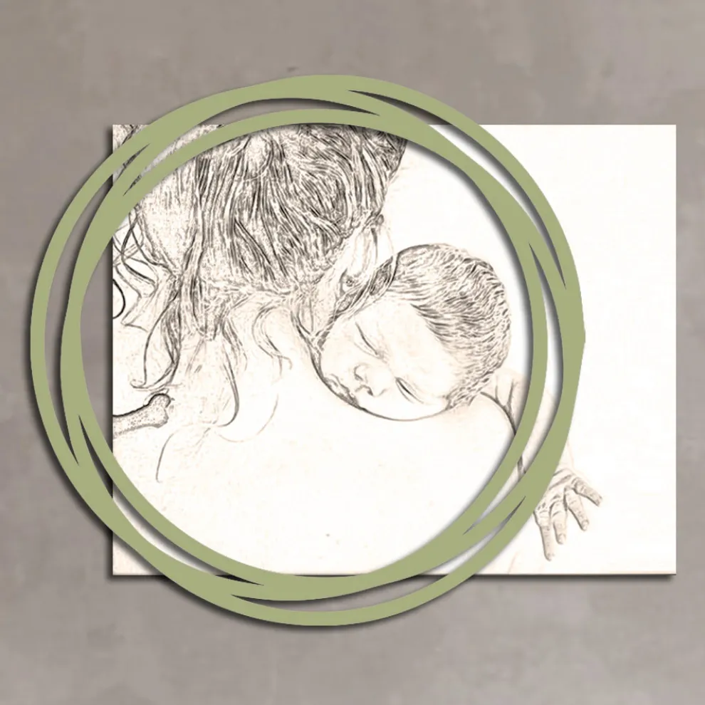 Holzbild mit Aufdruck einer Frau mit Kind, hergestellt in Italien – Taiwan