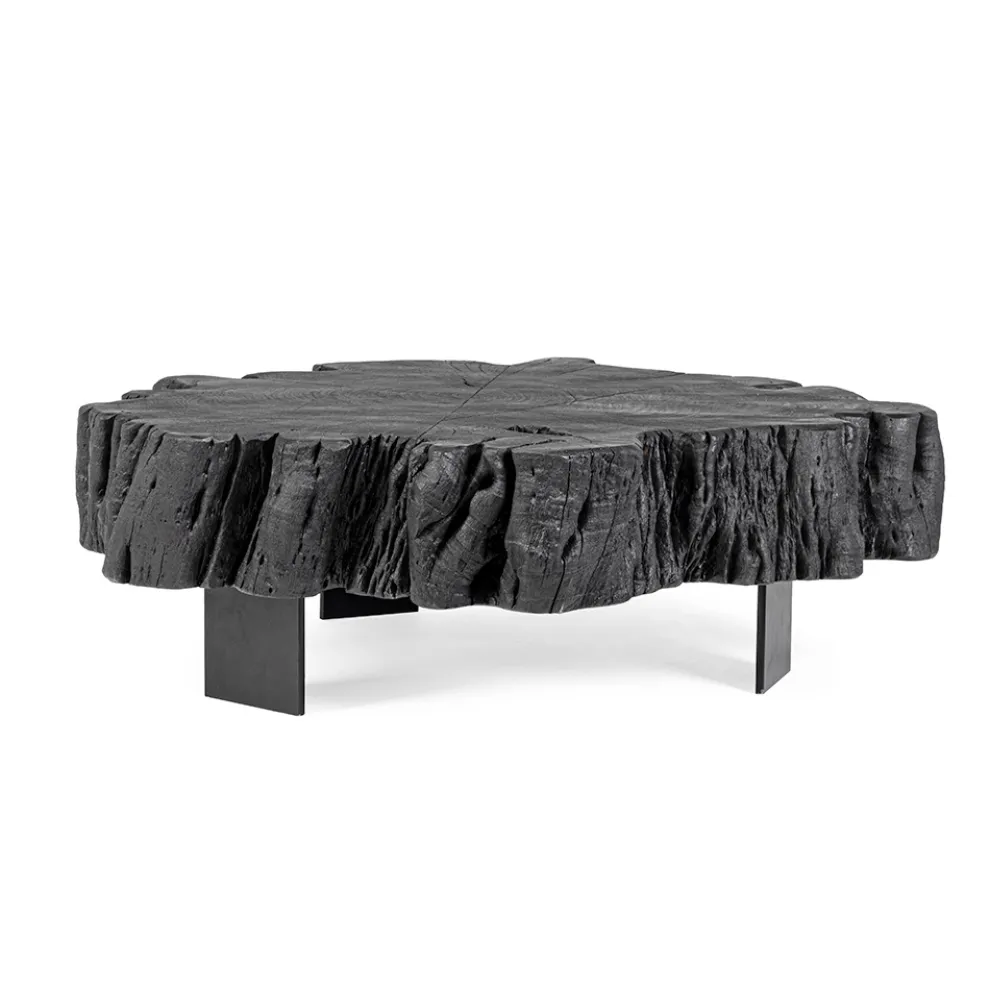 Homemotion Schwarzer Couchtisch aus Stahl und natürlichem Akazienholz - Camala