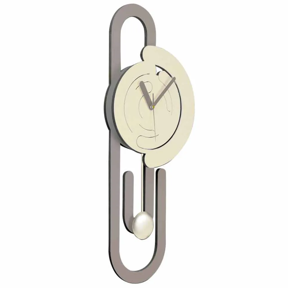 Pendel Wanduhr Modernes Design in beige und braunem Holz - Büroklammer