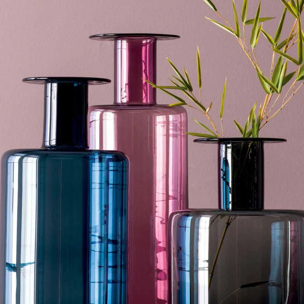Zusammensetzung von 3 dekorativen Vasen aus Rauchglas, Blau und Amethystglas - Infinity