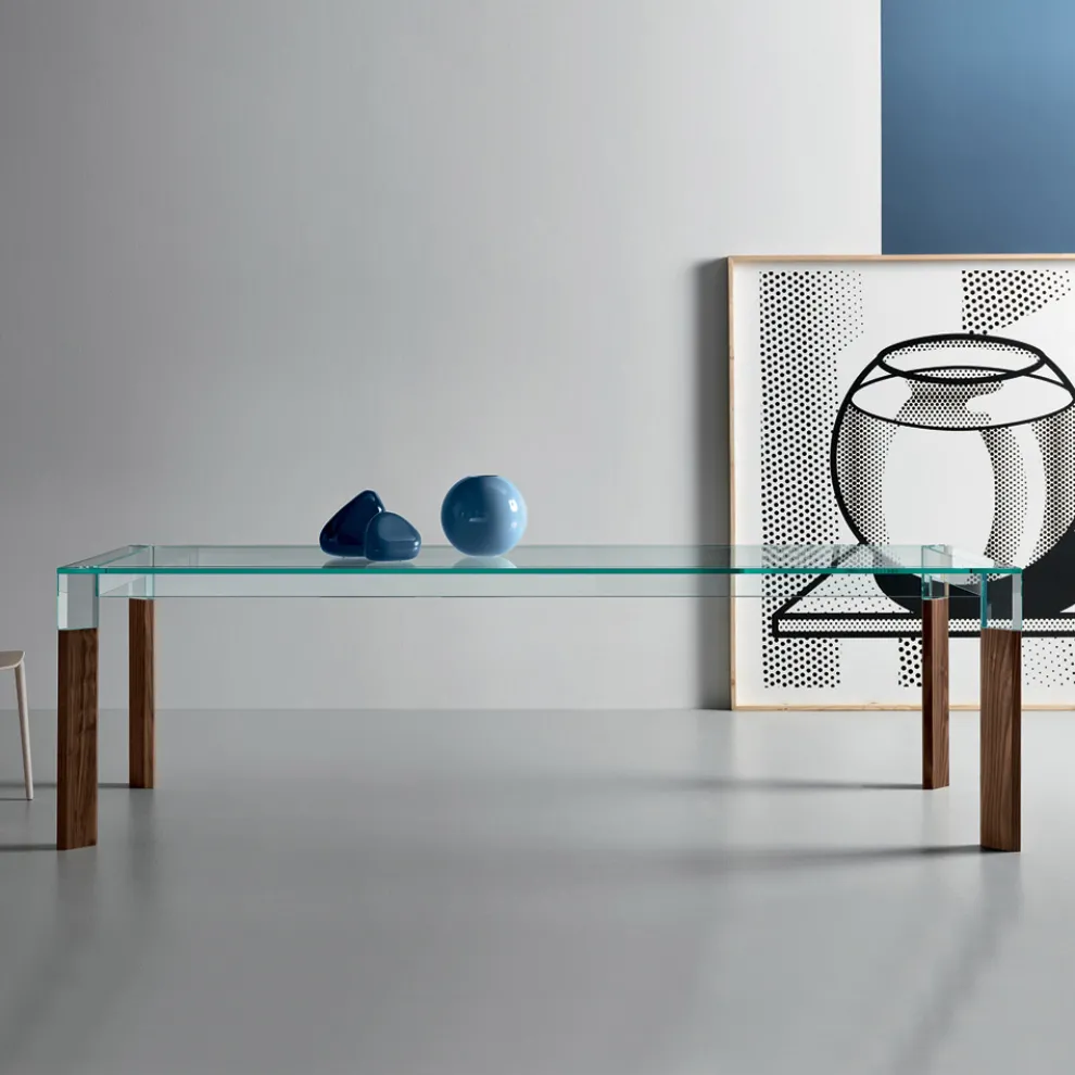 Küchentisch aus extra klarem Glas mit Holzbeinen Made in Italy - Super