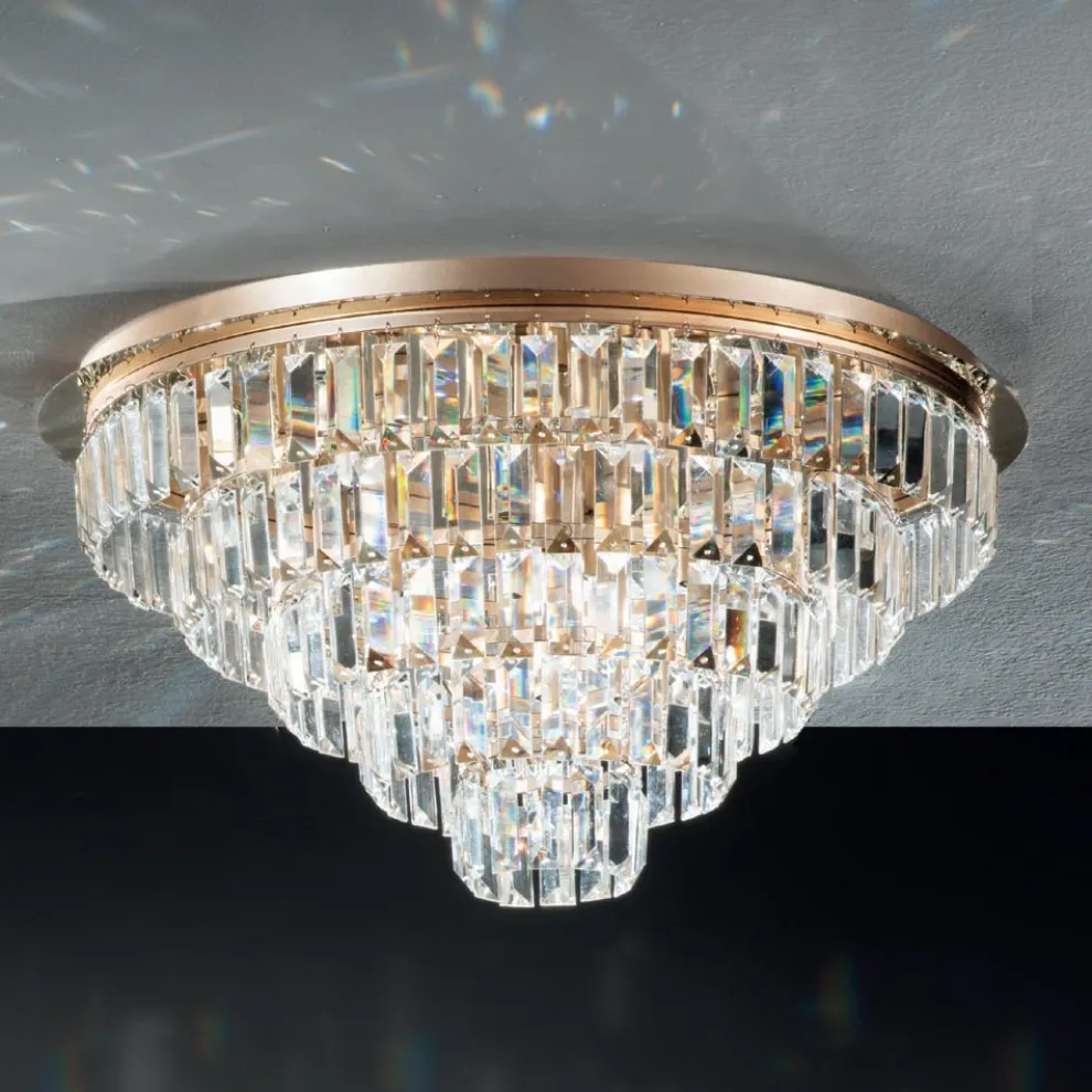 Klassische Deckenlampe aus goldfarbenem Metall und luxuriöse Kristallanhänger - Jerome