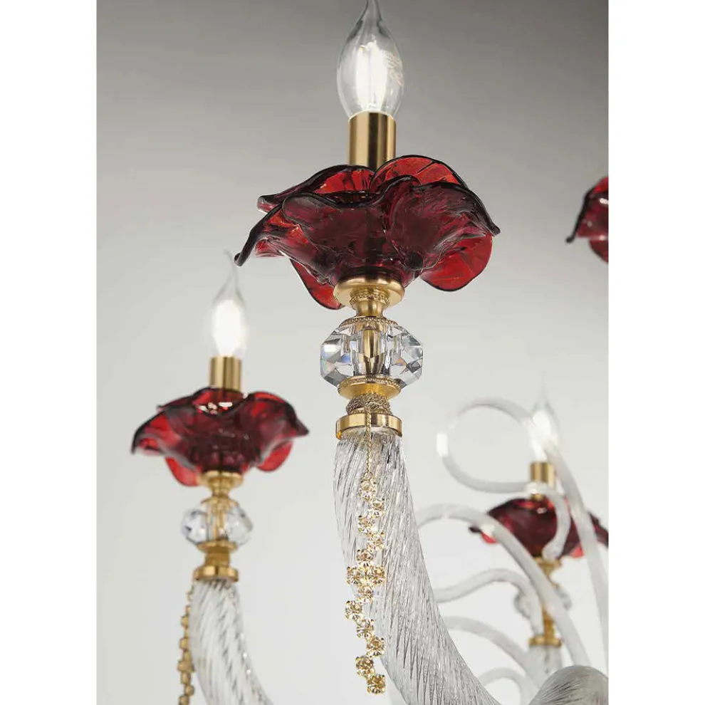 Klassischer 6-flammiger Kronleuchter aus mundgeblasenem Glas mit floralen Details - Bluminda
