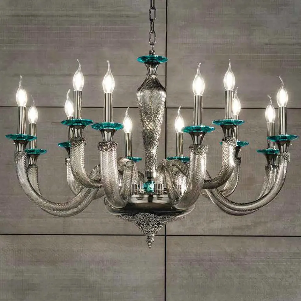 Klassischer Kronleuchter 12 Lichter aus handwerklichem Glas und Kristallen - Magrena
