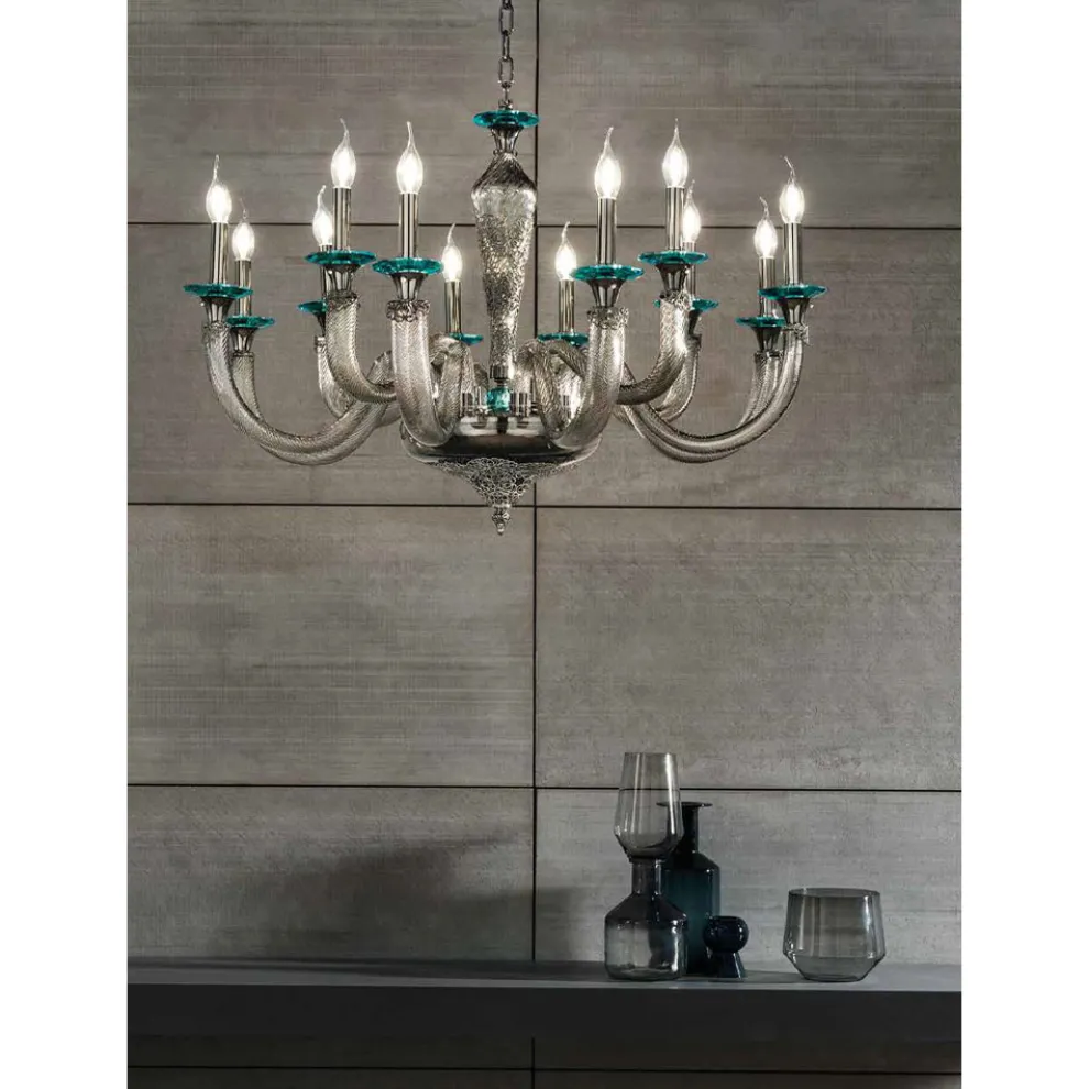 Klassischer Kronleuchter 12 Lichter aus handwerklichem Glas und Kristallen - Magrena