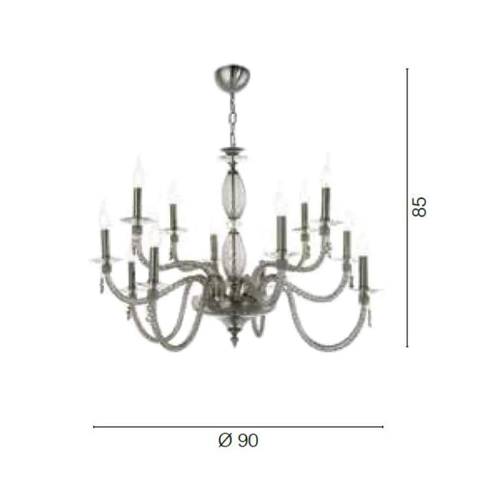 Klassischer Kronleuchter mit 12 Lichtern aus mundgeblasenem Glas und Handdetails - Phaedra