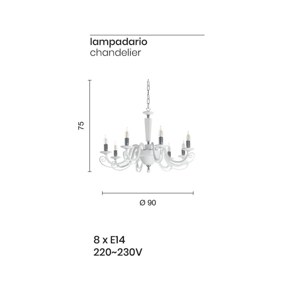 Klassischer Kronleuchter mit 8 Lichtern, italienisches handgefertigtes Glas und Kristall – Malaysia
