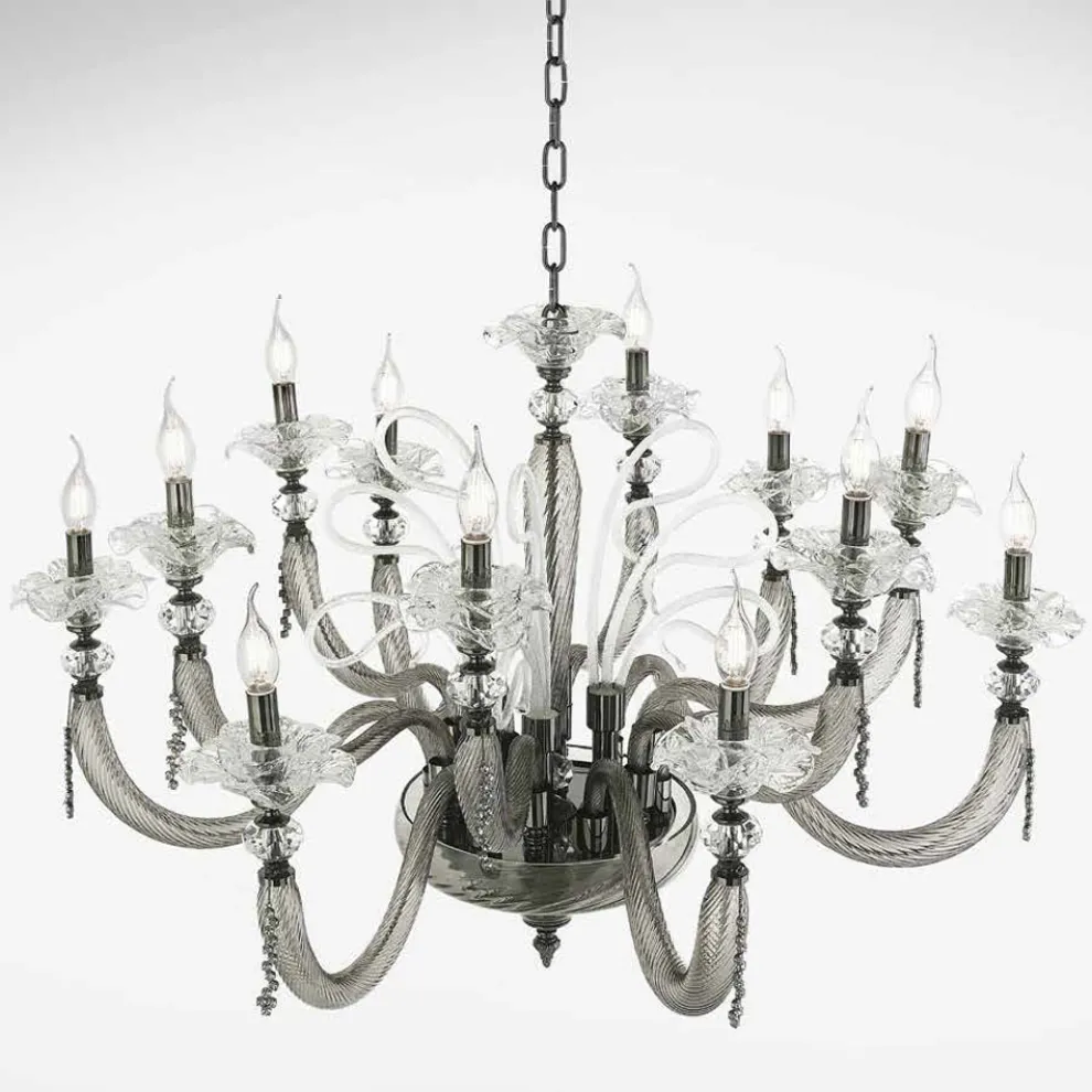 Klassischer Kronleuchter 12 Lichter Geblasenes Glas Blumendetails - Bluminda