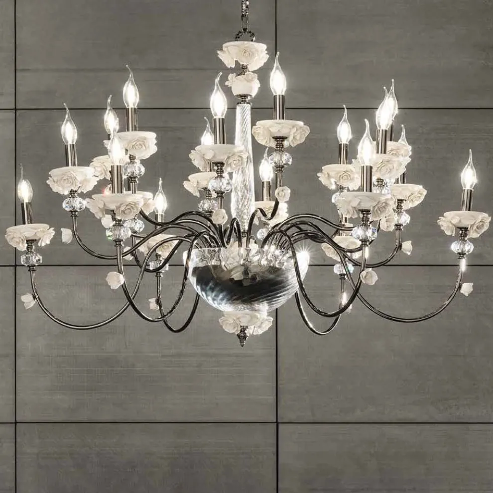 Klassischer Kronleuchter mit 18 Lichtern aus Porzellan und luxuriösem mundgeblasenem Glas - Eteria