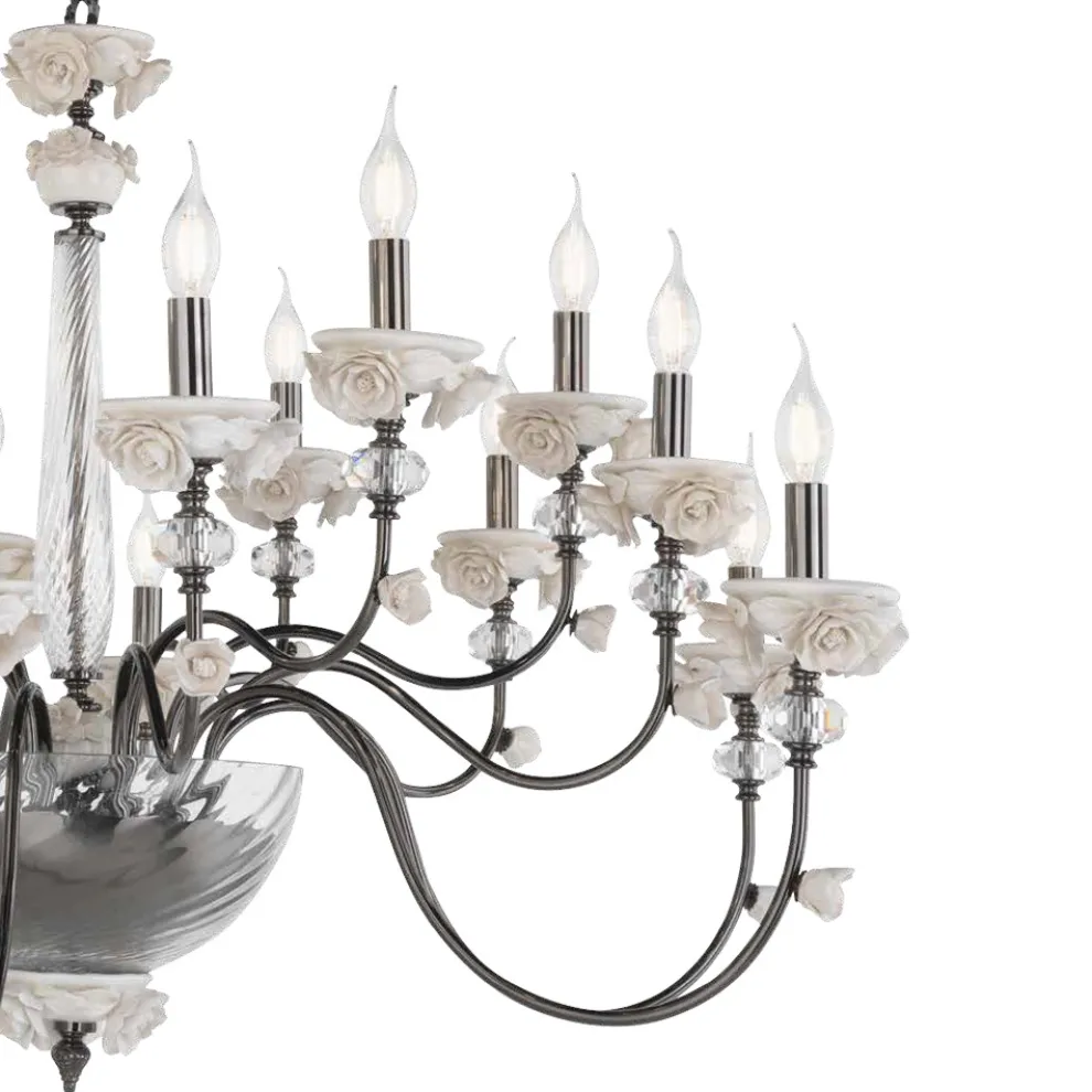 Klassischer Kronleuchter mit 18 Lichtern aus Porzellan und luxuriösem mundgeblasenem Glas - Eteria