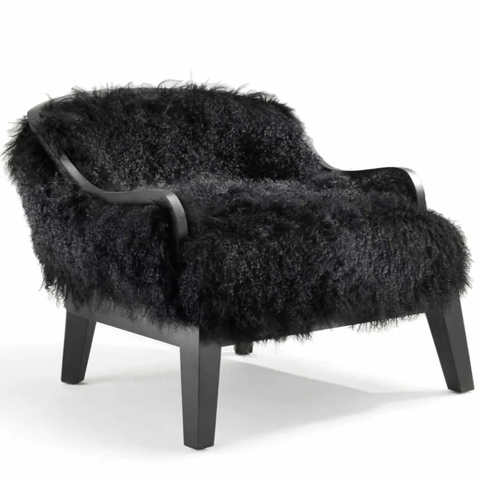 Kleiner Sessel aus Leder und schwarzem Fell, made in Italy Design Eli