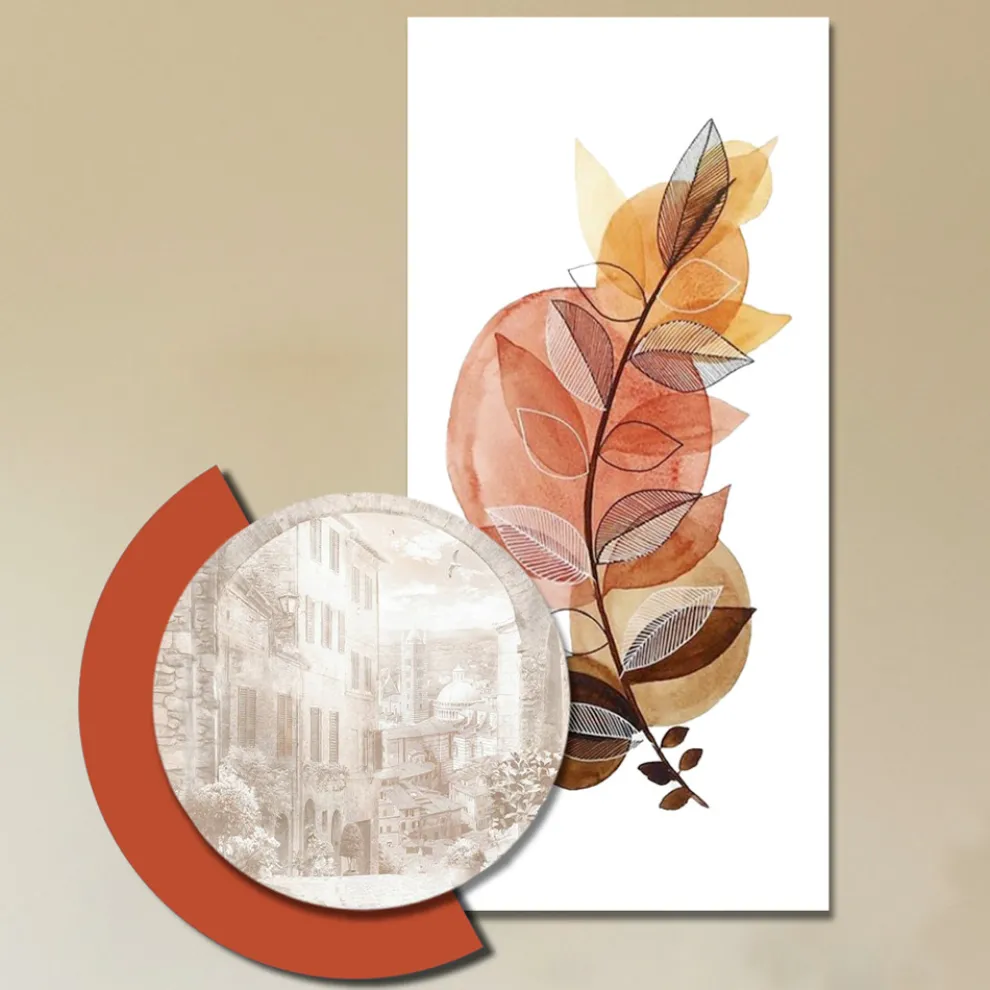 Komposition aus Holzgemälden mit Stadt- und Zweigdrucken, hergestellt in Italien – Chile