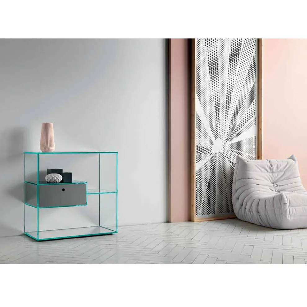 Konsole für Wandeingang aus extra klarem Glas mit lackierter Schublade - Linzy