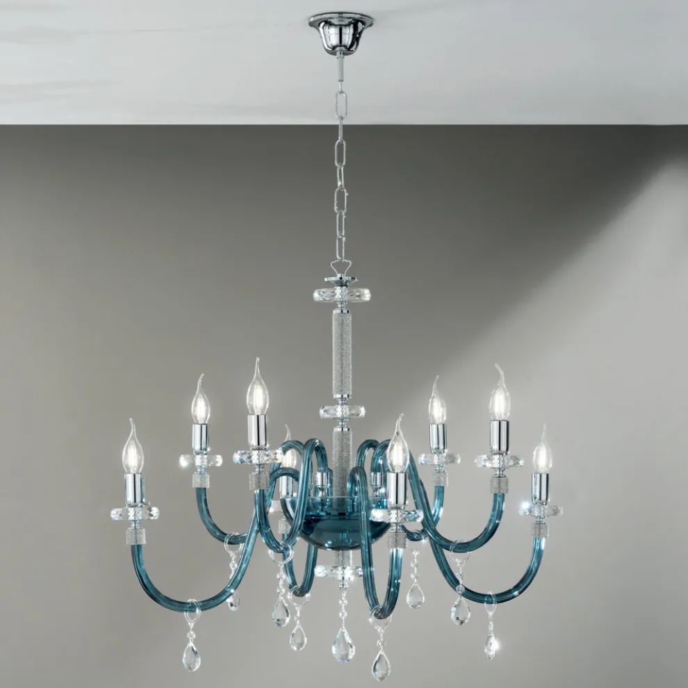 Kronleuchter 8 Lichter Klassisches italienisches Glas Handgefertigt Blaugrün - Similo