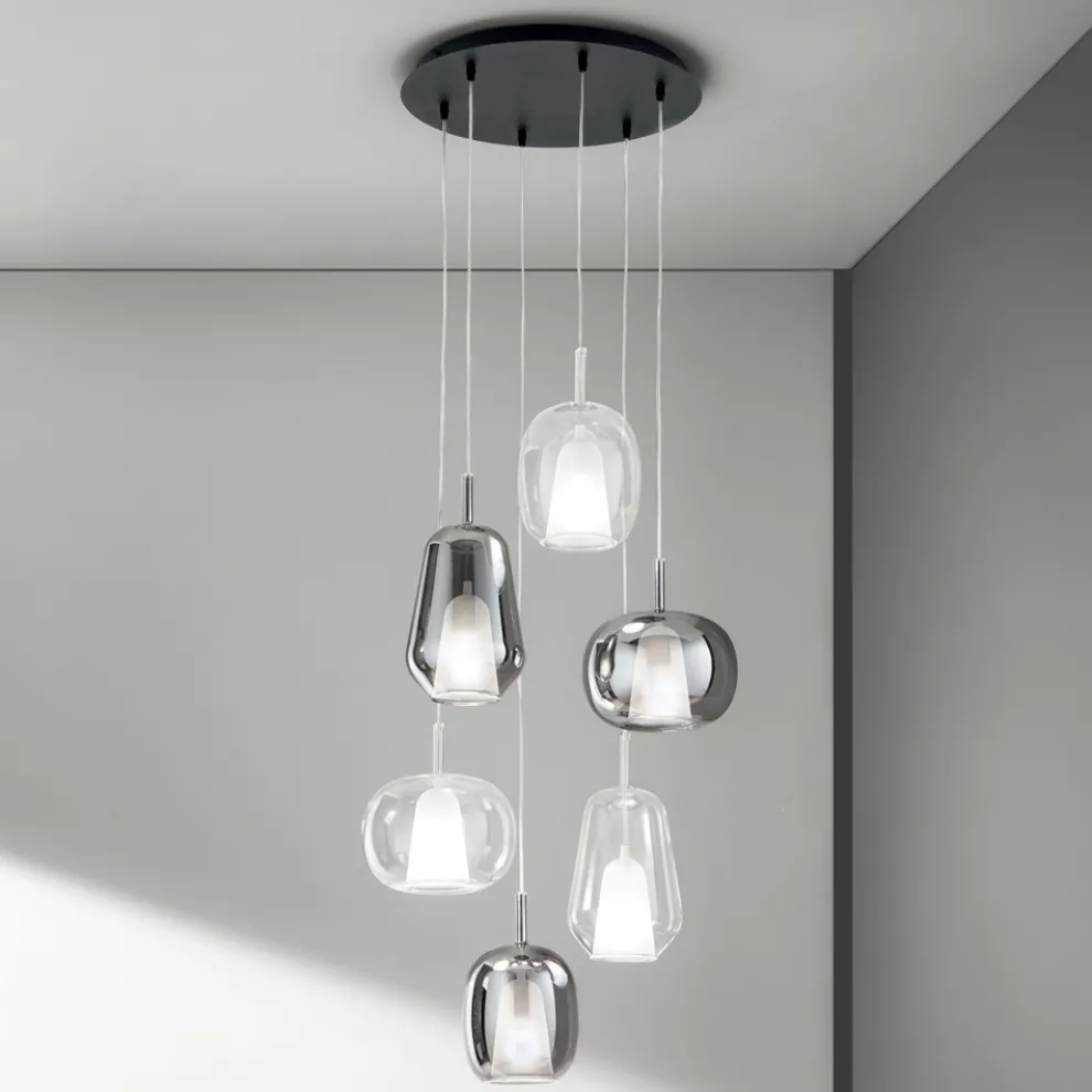 Kronleuchter mit 6 Diffusoren aus geräuchertem und transparentem Glas Made in Italy - Trilly