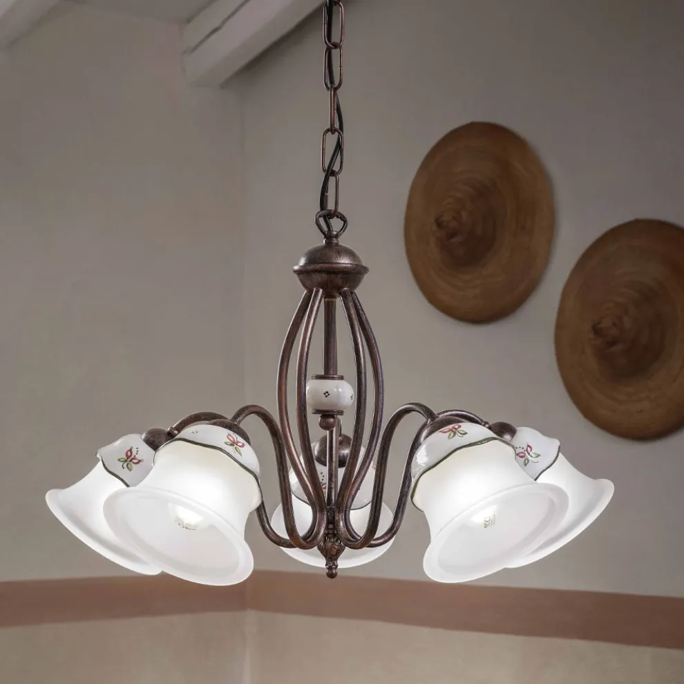 Kronleuchter mit 3 oder 5 Lichtern aus Eisen, handbemalter Keramik und Glas - Ferrara