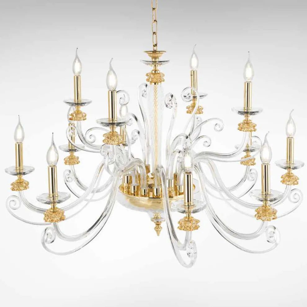 Kronleuchter mit 12 Lichtern aus mundgeblasenem Glas und klassischem Luxuskristall - Cassea