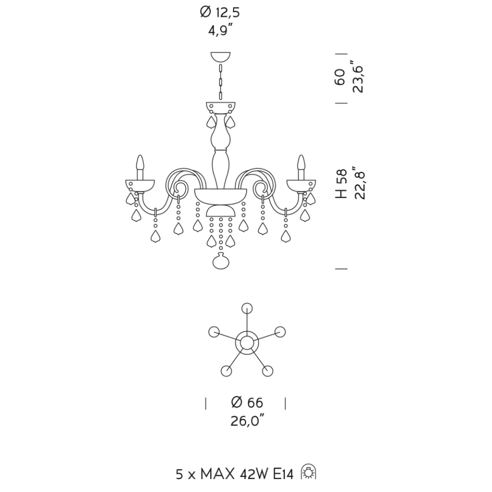 Kronleuchter mit 5 Lichtern aus venezianischem Glas und Metall im klassischen Florentiner Stil