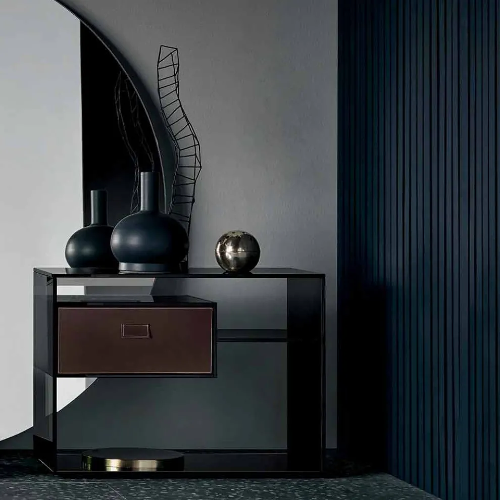 Sofa-Beistelltisch oder Nachttisch aus Rauchglas mit Lederschublade - Linzy