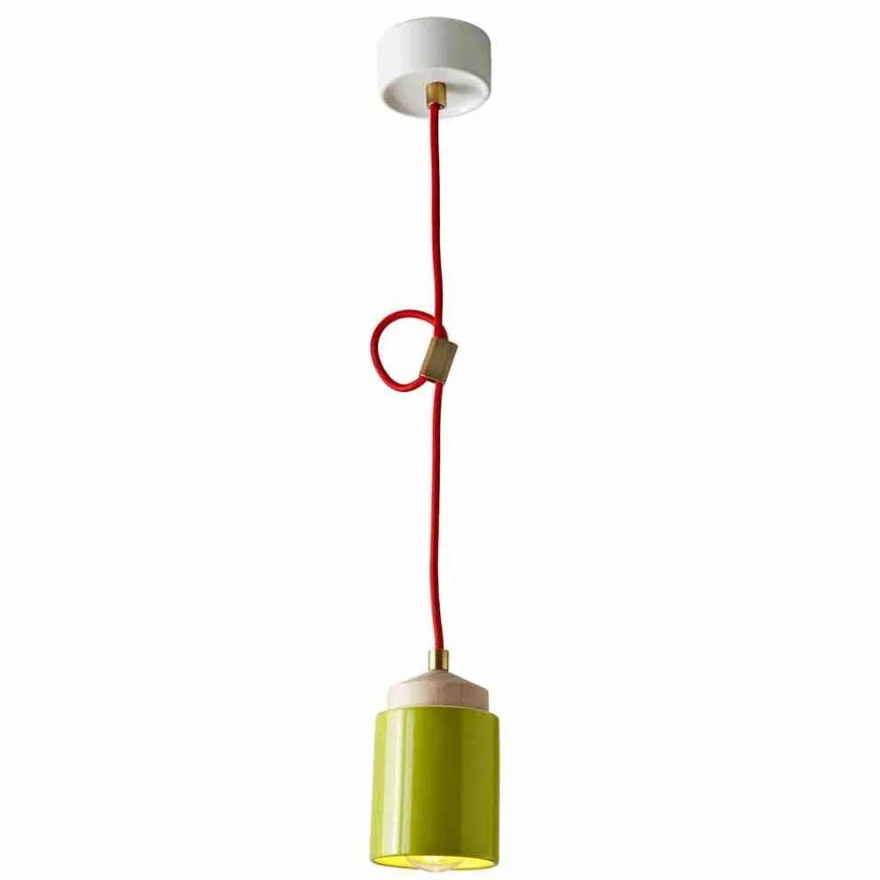 Lampe aus Buchenholz und Hängeleuchte aus Keramik, hergestellt in Italien, Asien