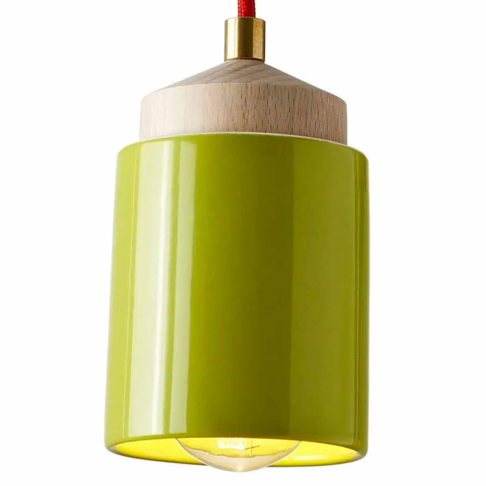 Lampe aus Buchenholz und Hängeleuchte aus Keramik, hergestellt in Italien, Asien
