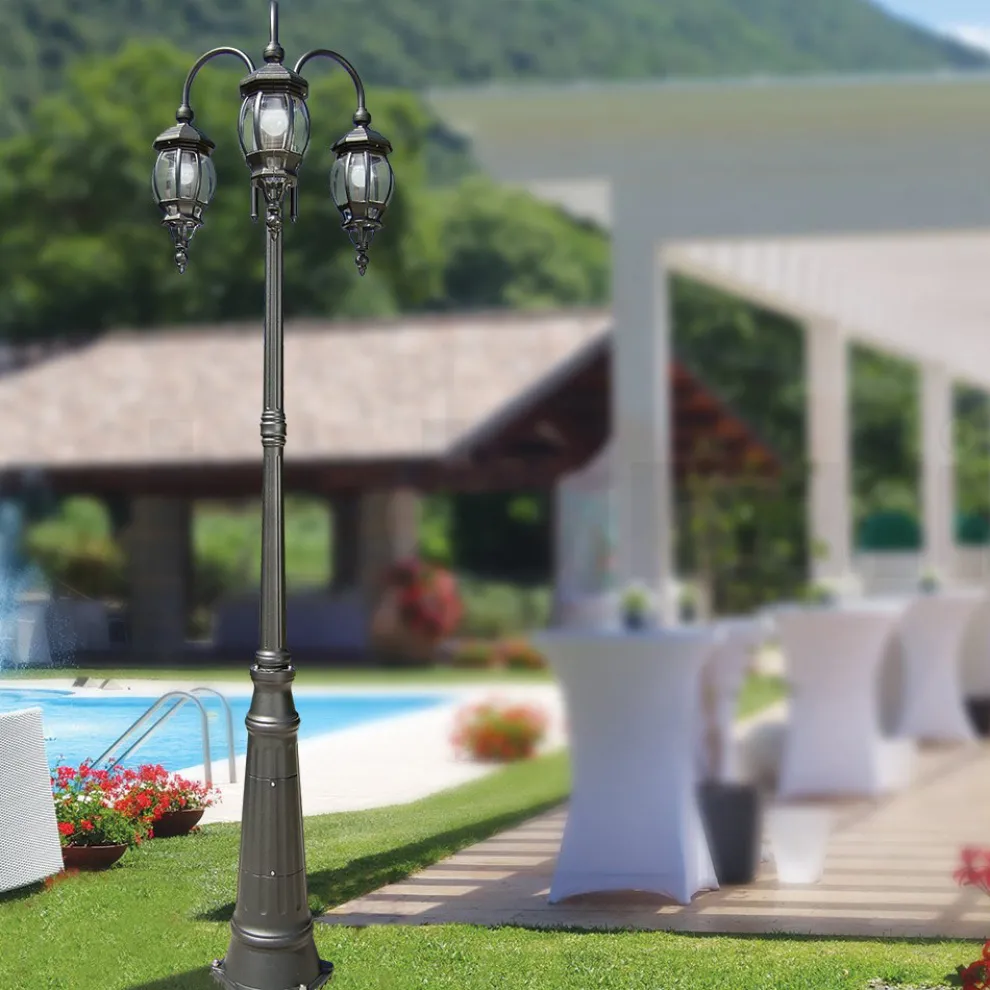Laternenpfahl mit 3 Lichtern im Vintage-Stil aus anthrazitfarbenem Aluminium, hergestellt in Italien – Empire