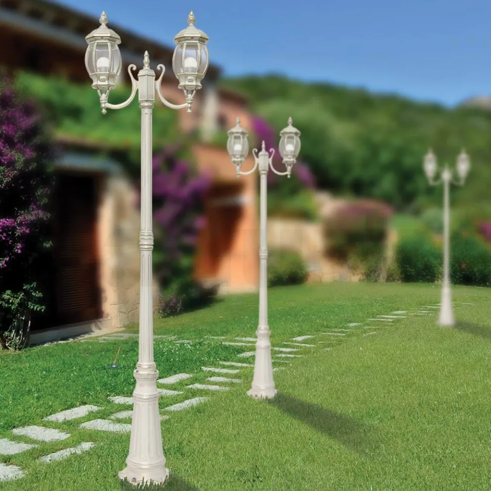 Laternenpfahl mit 2 Lichtern im Vintage-Stil aus weißem Aluminium, hergestellt in Italien – Dodo