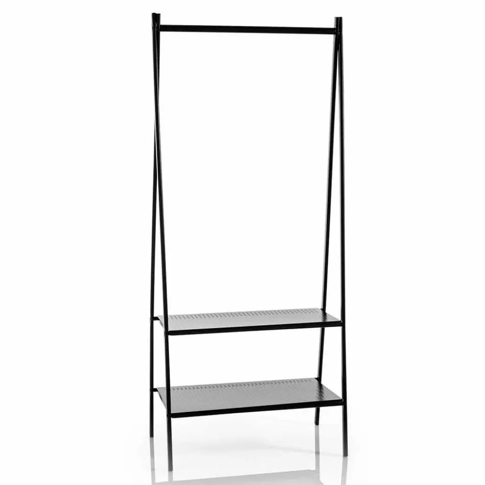 Leiter Kleiderbügel mit Stange und 2 Regalen aus mattschwarz lackiertem Metall - Lupine