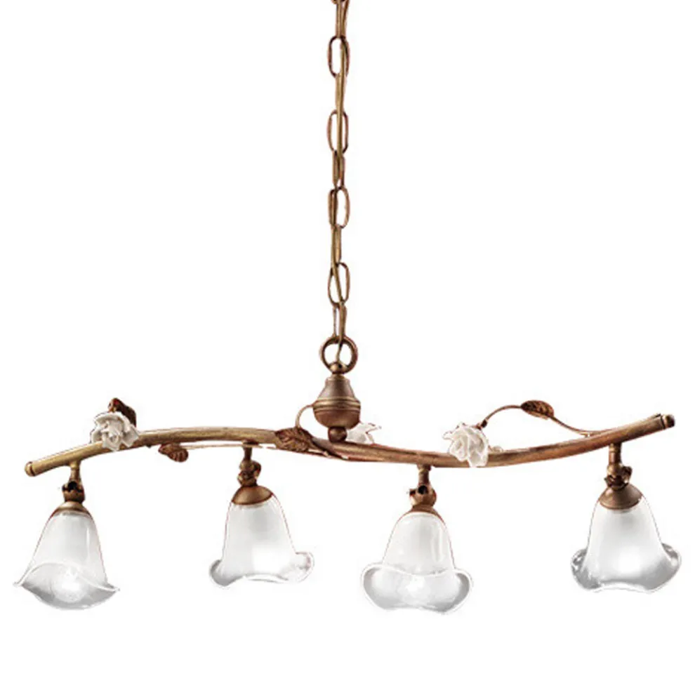 Lineare Pendelleuchte 4 Lichter aus Eisen, Glas und Keramikrosen - Siena