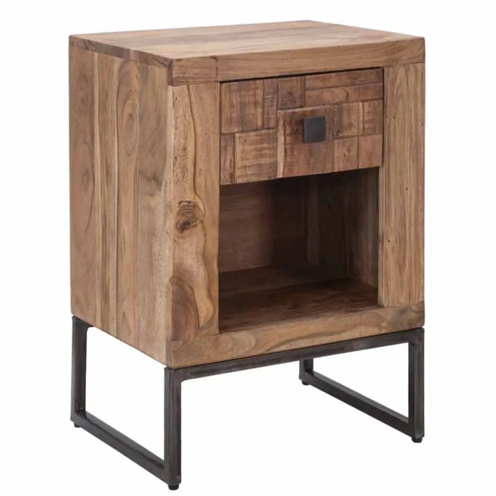 Designer Nachttisch mit Schublade aus Akazienholz und Eisen - Dionne