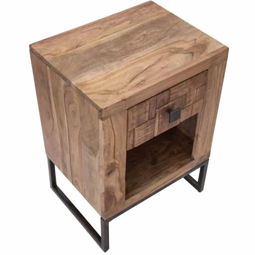 Designer Nachttisch mit Schublade aus Akazienholz und Eisen - Dionne