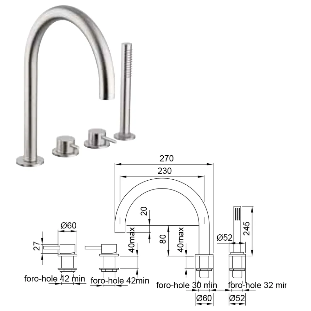4-Loch Wannenrandmischer mit Auslauf aus AISI 316L-Stahl - Artigli