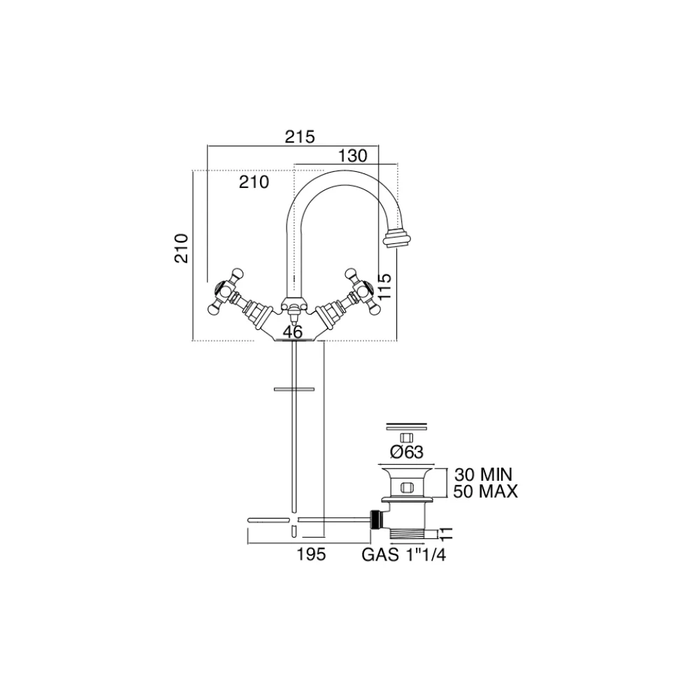 1-Loch-Waschtischmischer mit hohem Auslauf aus Vintage-Messing Made in Italy - Elisea
