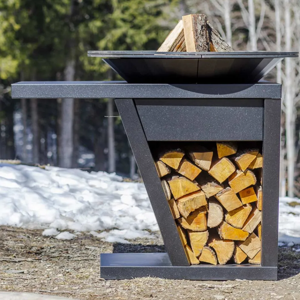 Barbecue  mit Feuerbetrieb, Kochplatte und Holzhalterung - Giorgione