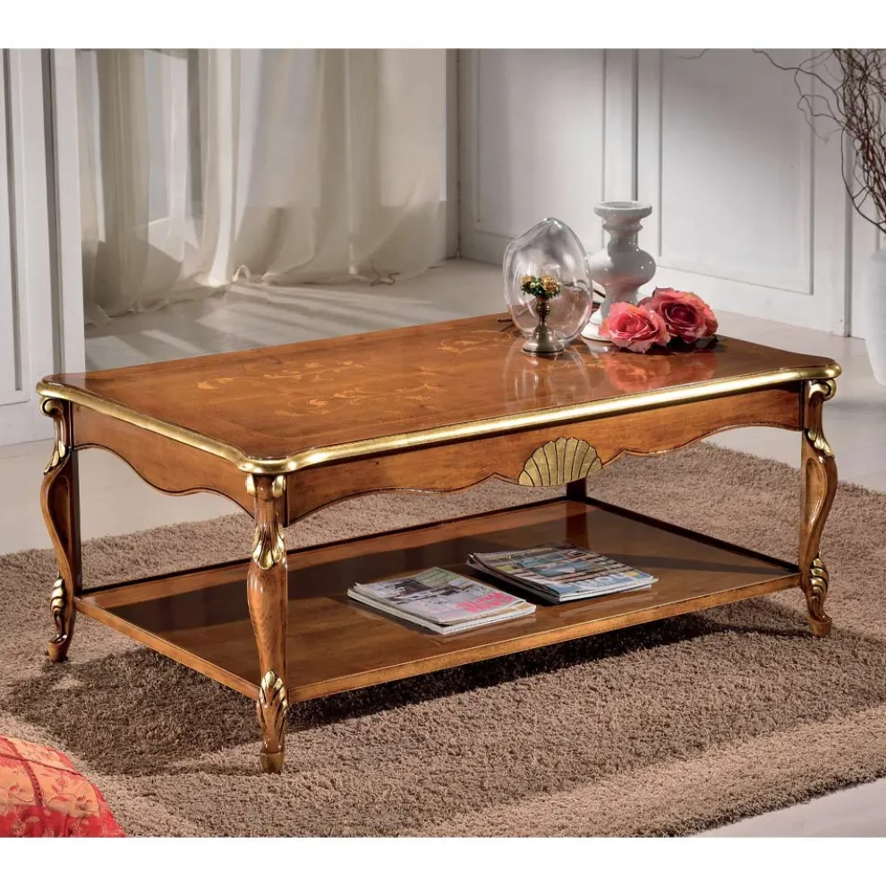 Luxuriöser Couchtisch aus Walnussholz und Gold mit Intarsien Made in Italy - Cambrige