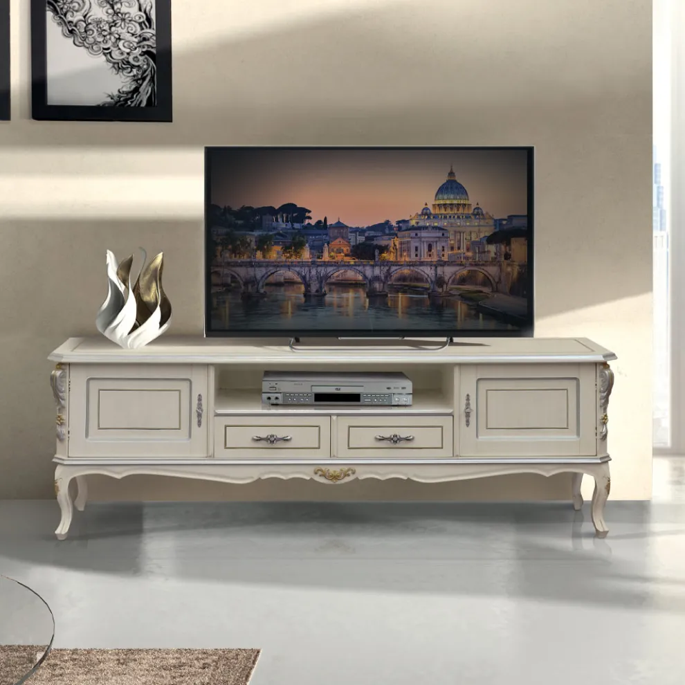 Luxus-TV-Schrank aus weißem und silbernem Holz Made in Italy - Cheverny
