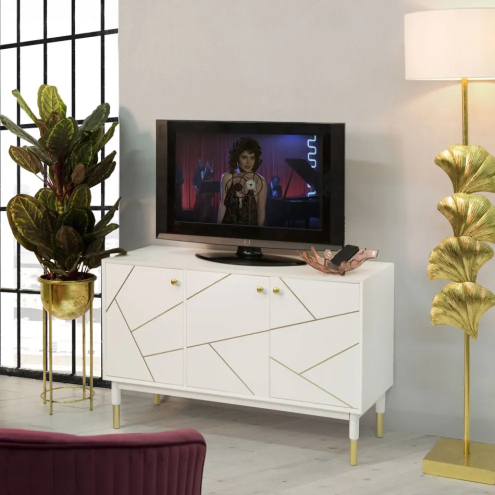 Mobiles Sideboard aus Mdf mit goldenen Details und Eisenfüßen - Nunzio