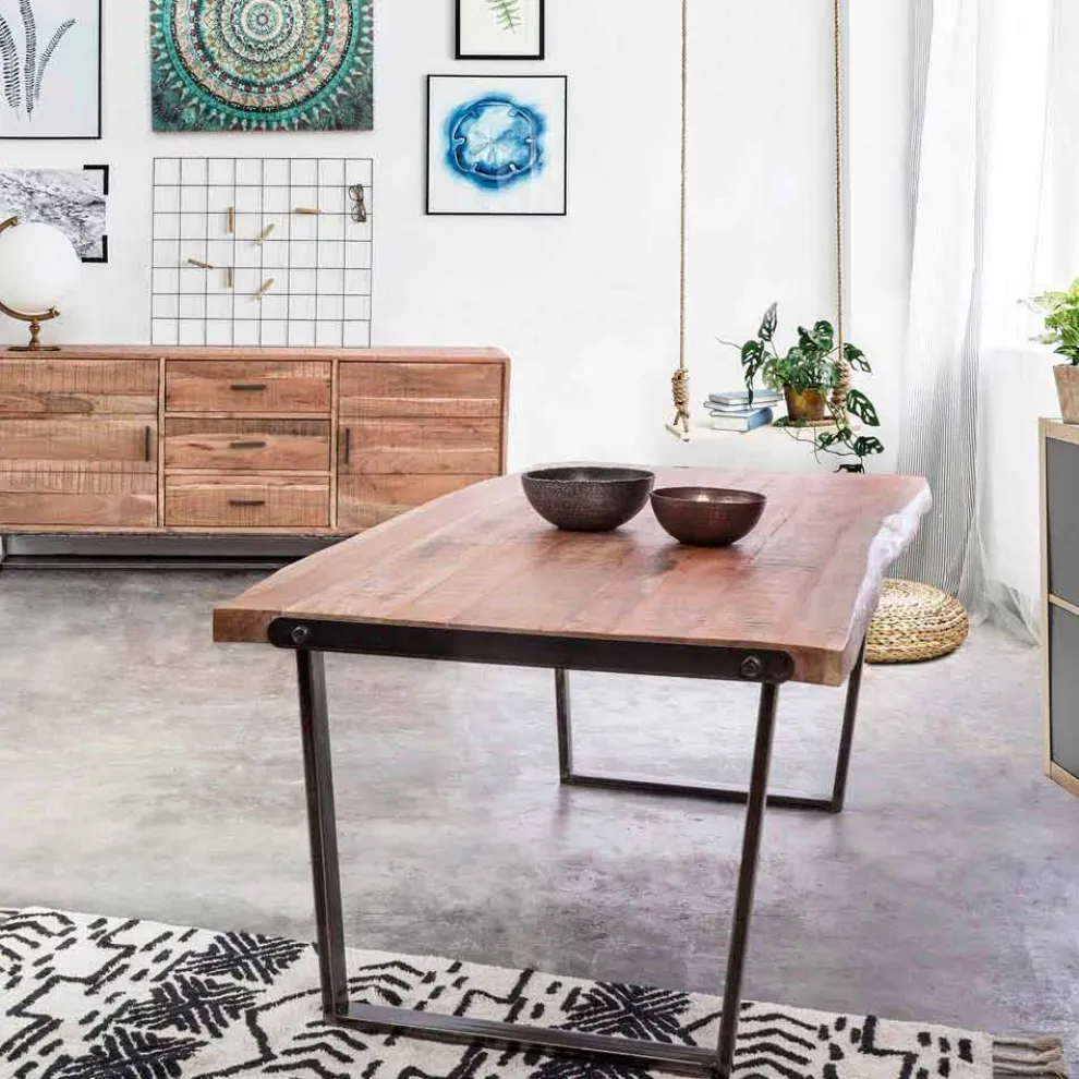 Moderner Esstisch aus Akazienholz und Homemotion Steel - Bingo