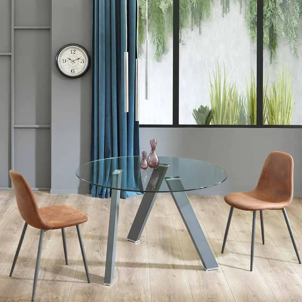 Moderner runder Esstisch aus Glas und Metall - Tontolone