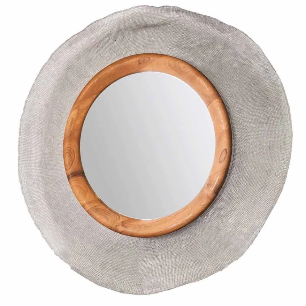 Moderner runder Wandspiegel aus Metall und Teak Monno