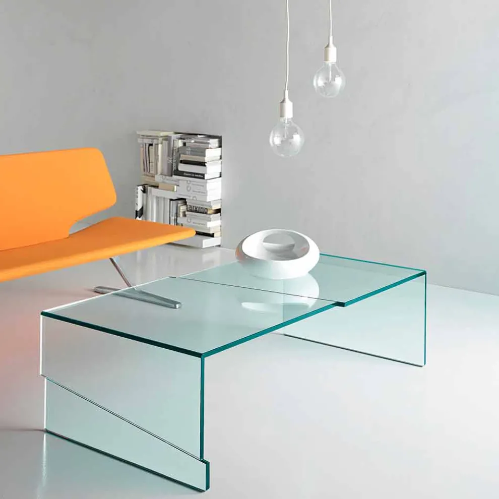 Niedriger Couchtisch für Wohnzimmer aus transparentem Freischwingerglas - Rabatt