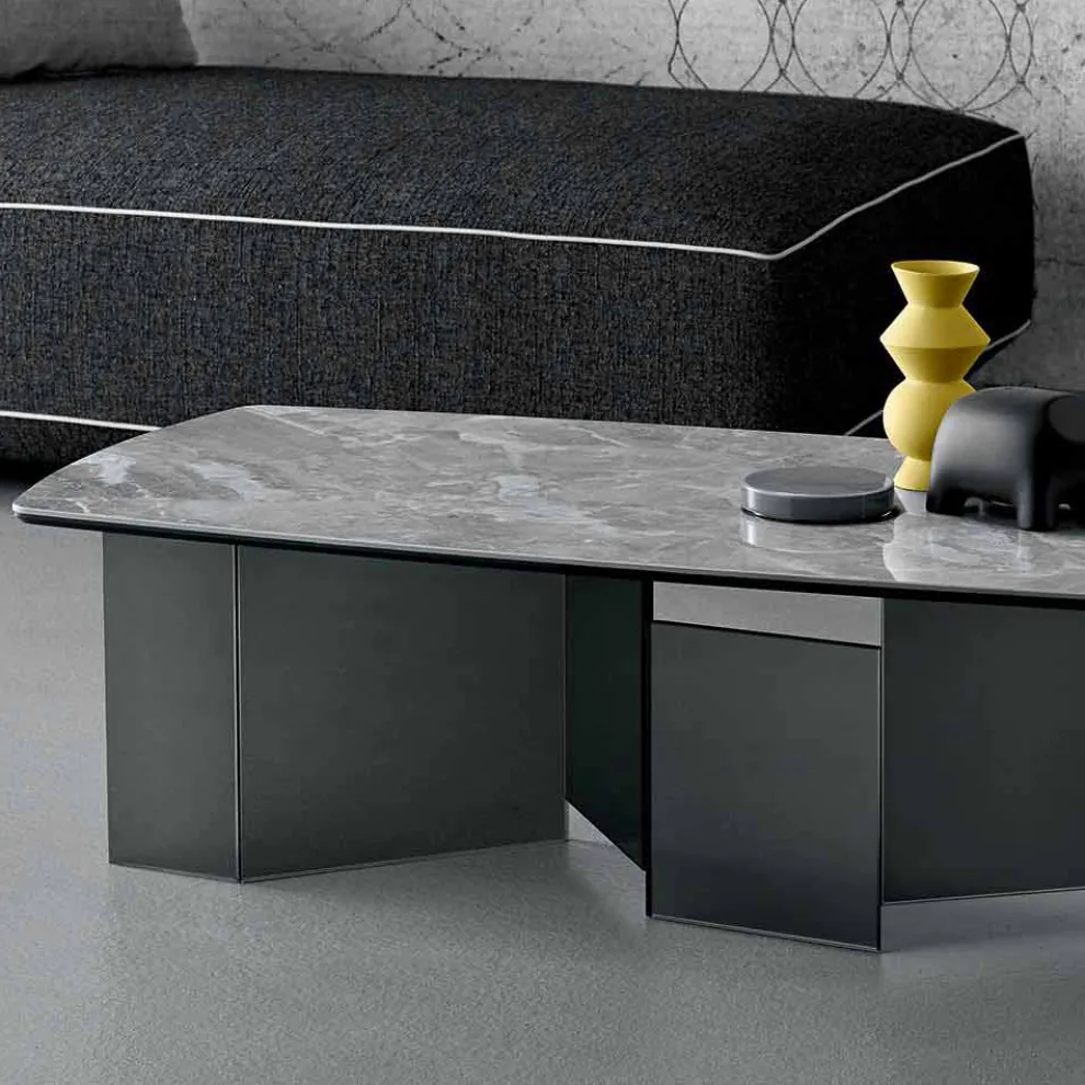 Niedriger Couchtisch Wohnzimmer Keramikplatte und Beine aus Rauchglas 3 Größen - Zufällig