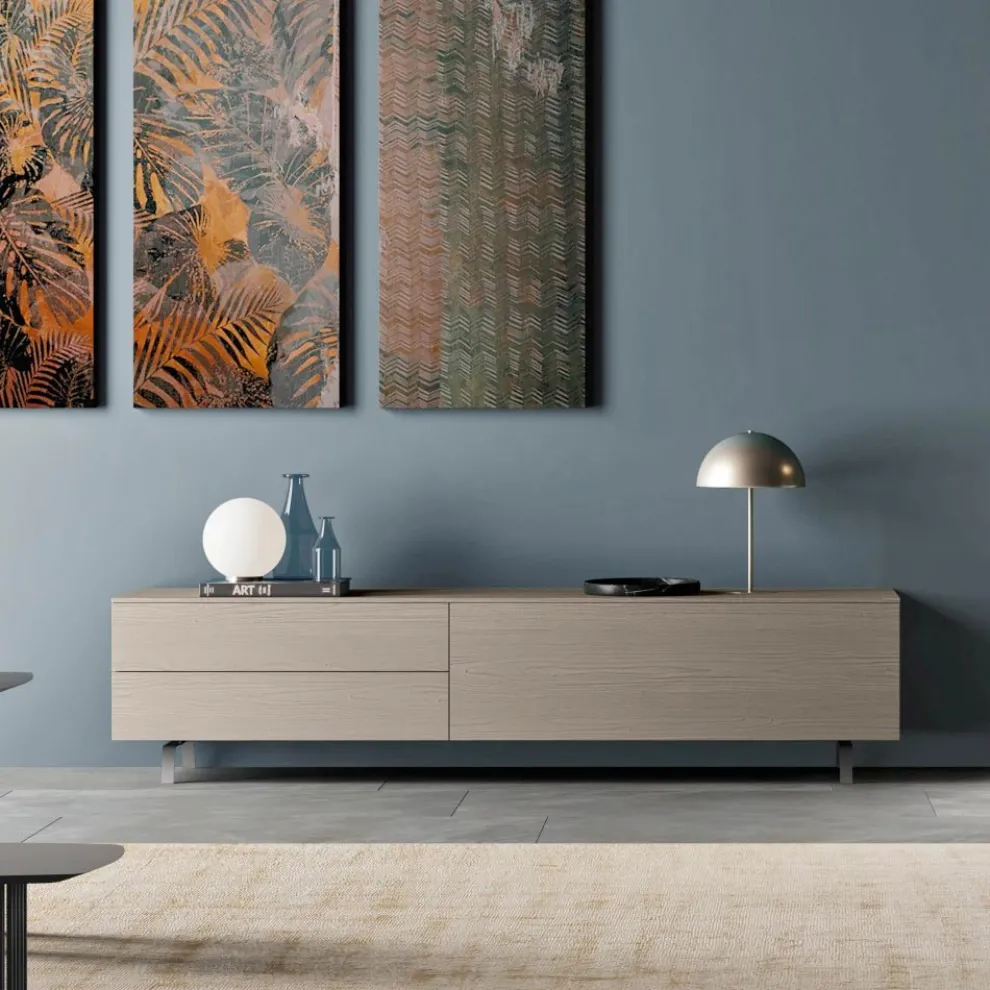 Niedriger TV-Schrank aus ökologischem Holz 1 Tür und 2 Luxus-Schubladen - Bruno