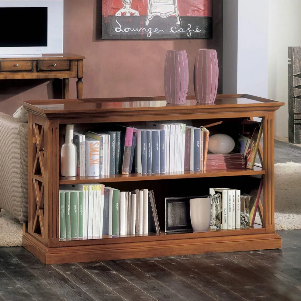 Niedriges Bücherregal mit Holzstruktur und offenen Fächern, hergestellt in Italien – Fauno